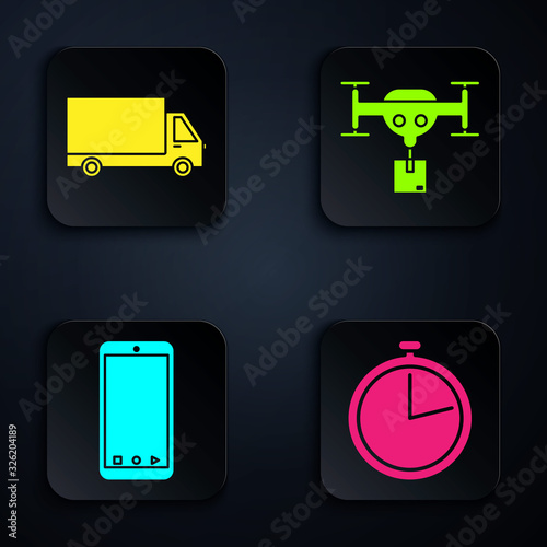 Set Stopwatch , Delivery cargo truck vehicle , Mobile phone with app delivery tracking and Delivery drone with the package . Black square button. Vector