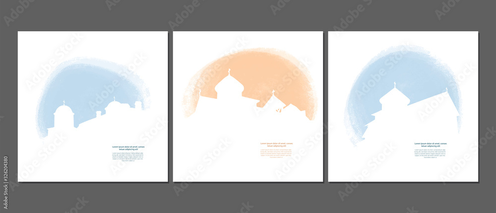 Christian monastery silhouettes in light blue colors on white background. Card templates set