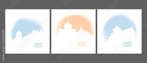 Christian monastery silhouettes in light blue colors on white background. Card templates set