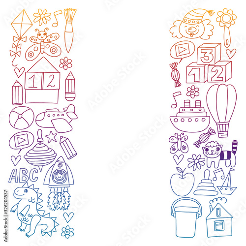 Kindergarten preschool school children. Kids drawing style vector pattern. Play grow learn together.