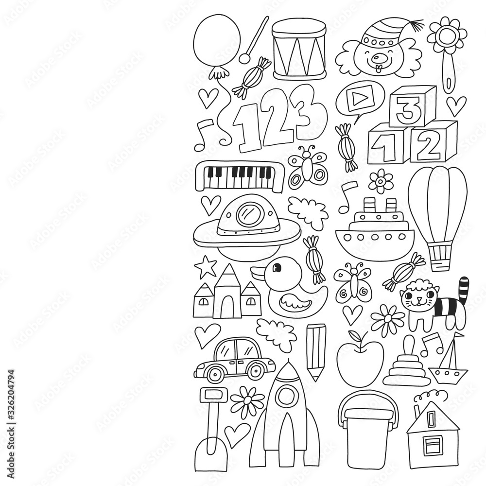 Kindergarten preschool school children. Kids drawing style vector pattern. Play grow learn together.