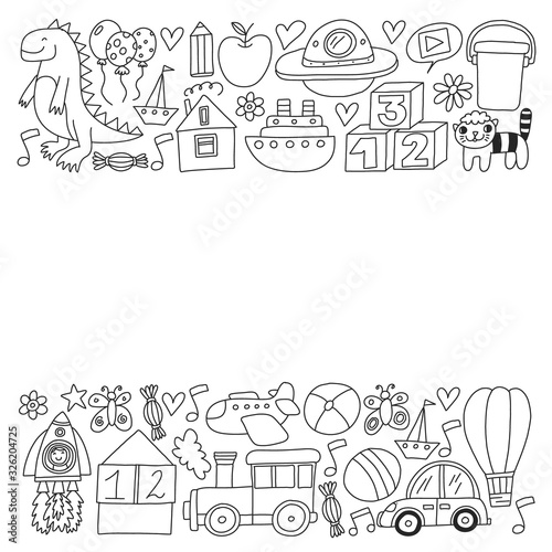 Kindergarten preschool school children. Kids drawing style vector pattern. Play grow learn together.