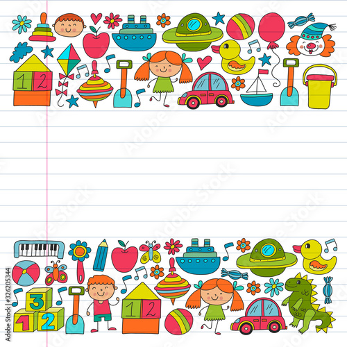 Kindergarten preschool school children. Kids drawing style vector pattern. Play grow learn together.