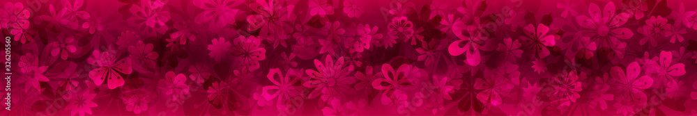 Spring banner of various flowers in crimson colors with seamless horizontal repetition