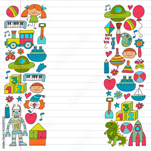 Kindergarten preschool school children. Kids drawing style vector pattern. Play grow learn together.