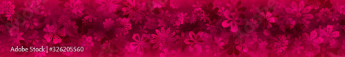 Spring banner of various flowers in crimson colors with seamless horizontal repetition