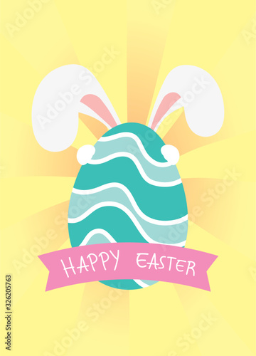 happy easter celebration card with egg painted and rabbit ears