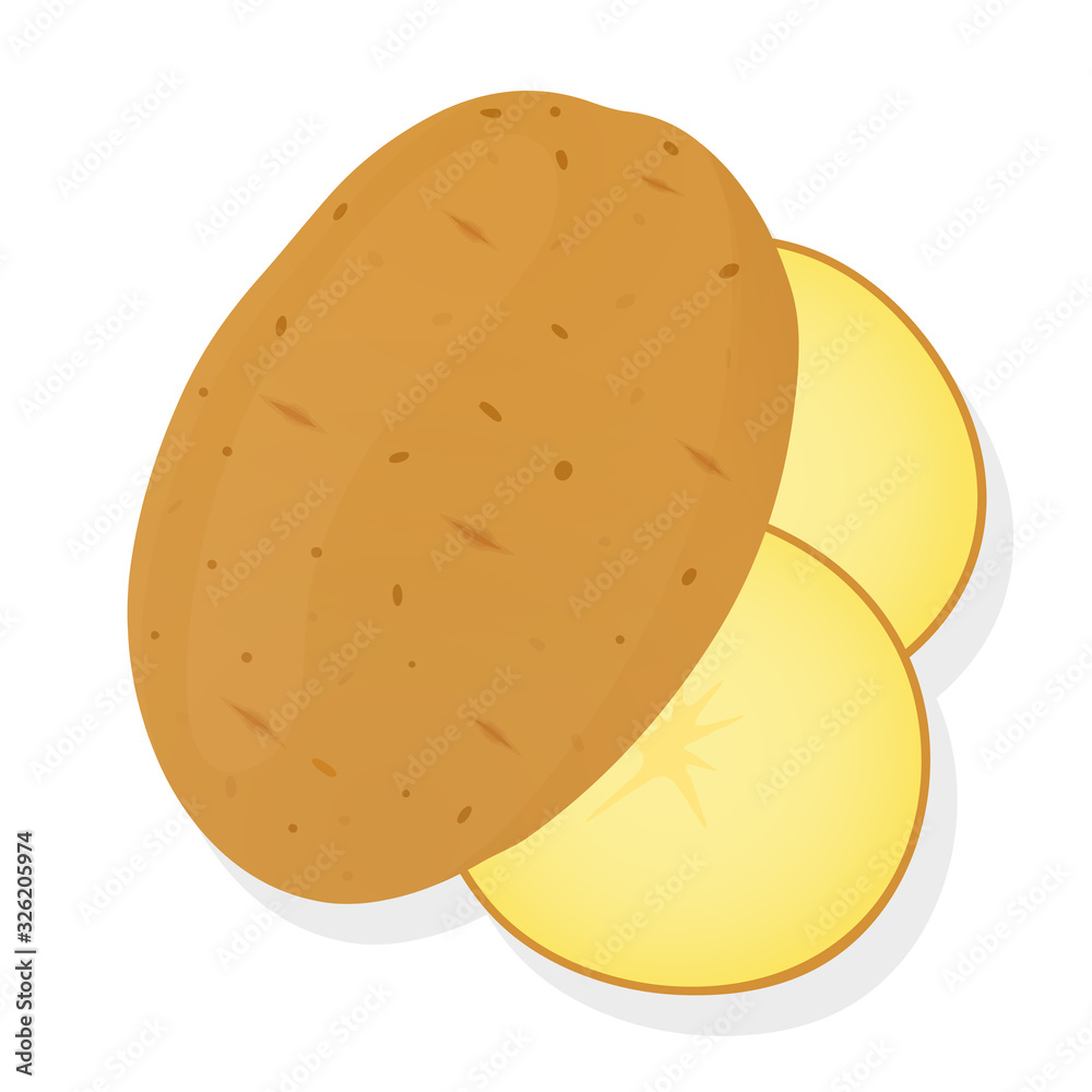 Whole potatoes and potato slices isolated on white background. Unpeeled potatoes tuber. Vector illustration. Whole potatoes and potato slices isolated on white background. Unpeeled potatoes tuber. Vector illustration.