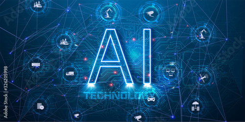 AI(Artificial Intelligence) infographic banner. Website vector illustration. Concept vector illustration with icons. Neural network diagram, cybernetics, Futuristic, Robotics machine. AI, ​​industry
