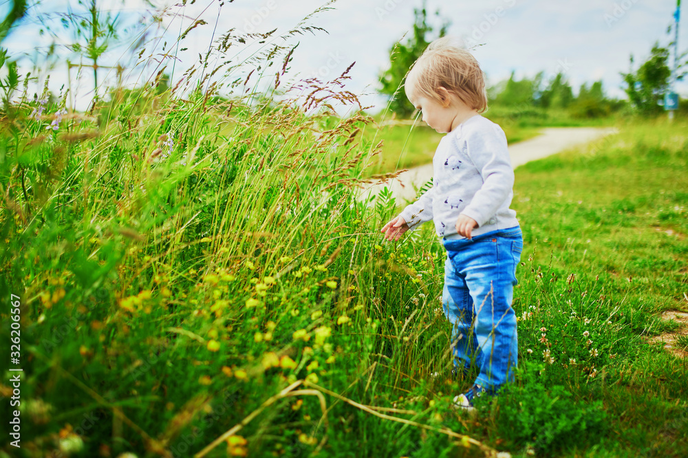 Adorable baby girl walking on field Adorable baby girl walking on field
