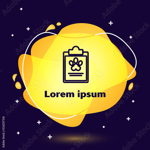 Black line Clipboard with medical clinical record pet icon isolated on blue background. Health insurance form. Medical check marks report. Abstract banner with liquid shapes. Vector Illustration