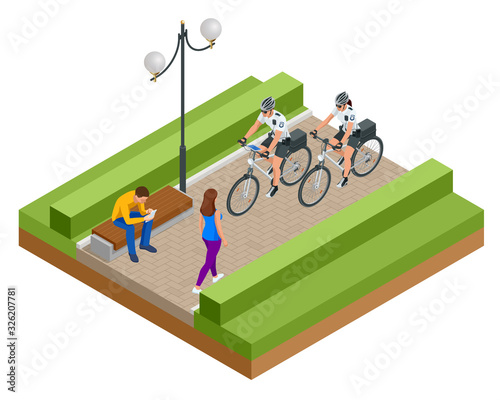 A female and a male police officer on bicycle patrols the streets. Isometric Policeman riding a bicycle.