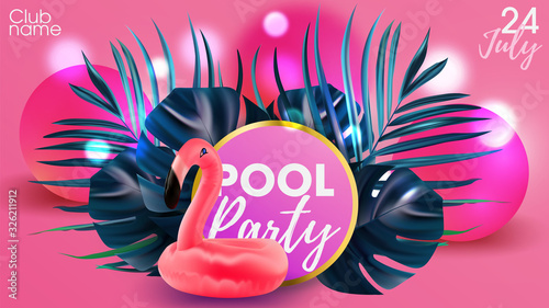 Pool party invintation. Summer pink flamingo. Miami beach tropic banner. Colorful summer poster banner.
