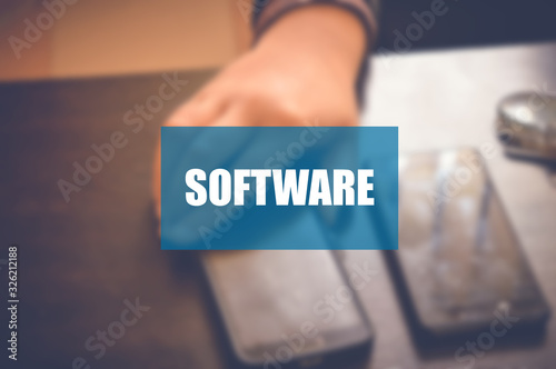 Software word with blurring business background