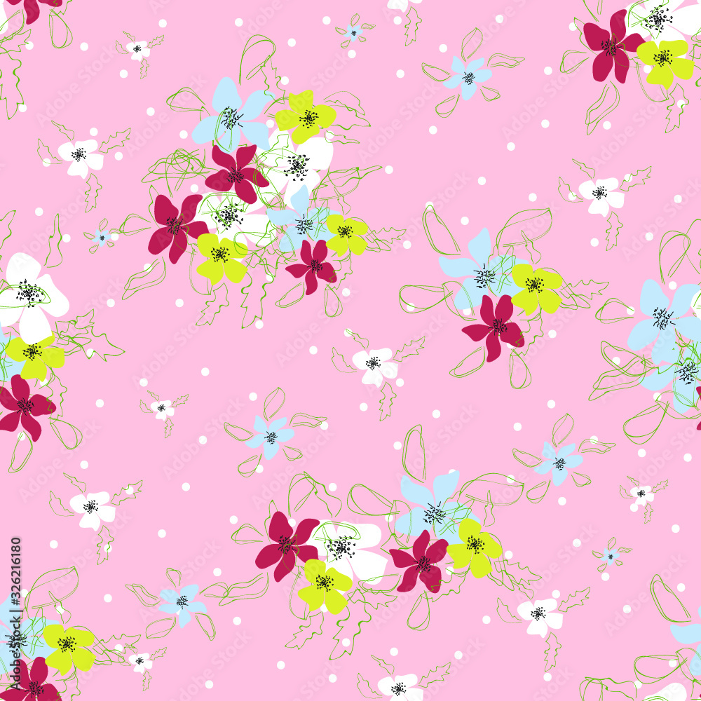Blossom floral seamless pattern. Blooming botanical plants scattered random. Colorful vector texture. Good for fashion prints. Hand drawn small color flowers on pink background with white polka dots