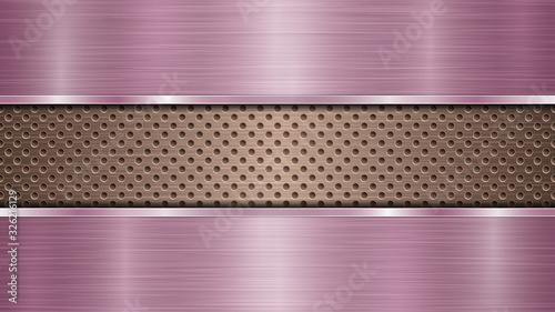 Background of bronze perforated metallic surface with holes and two horizontal purple polished plates with a metal texture, glares and shiny edges