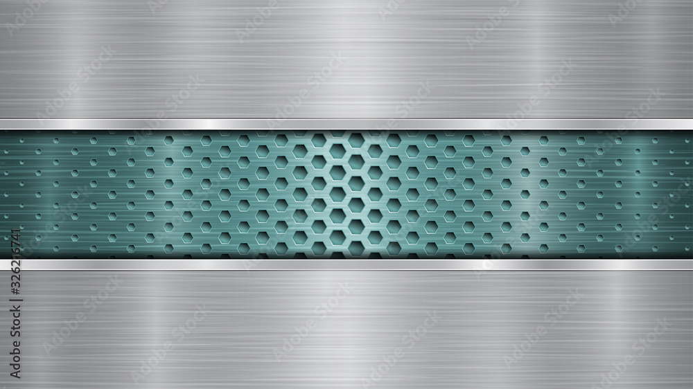 Background of light blue perforated metallic surface with holes and two horizontal silver polished plates with a metal texture, glares and shiny edges Background of light blue perforated metallic surface with holes and two horizontal silver polished plates with a metal texture, glares and shiny edges