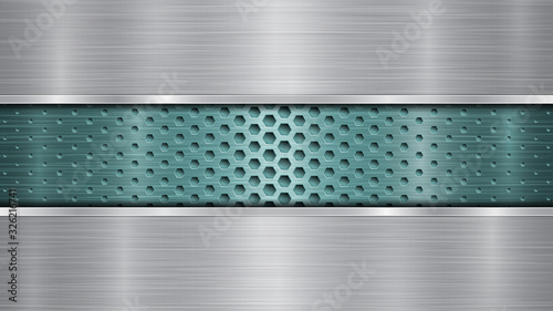 Background of light blue perforated metallic surface with holes and two horizontal silver polished plates with a metal texture, glares and shiny edges
