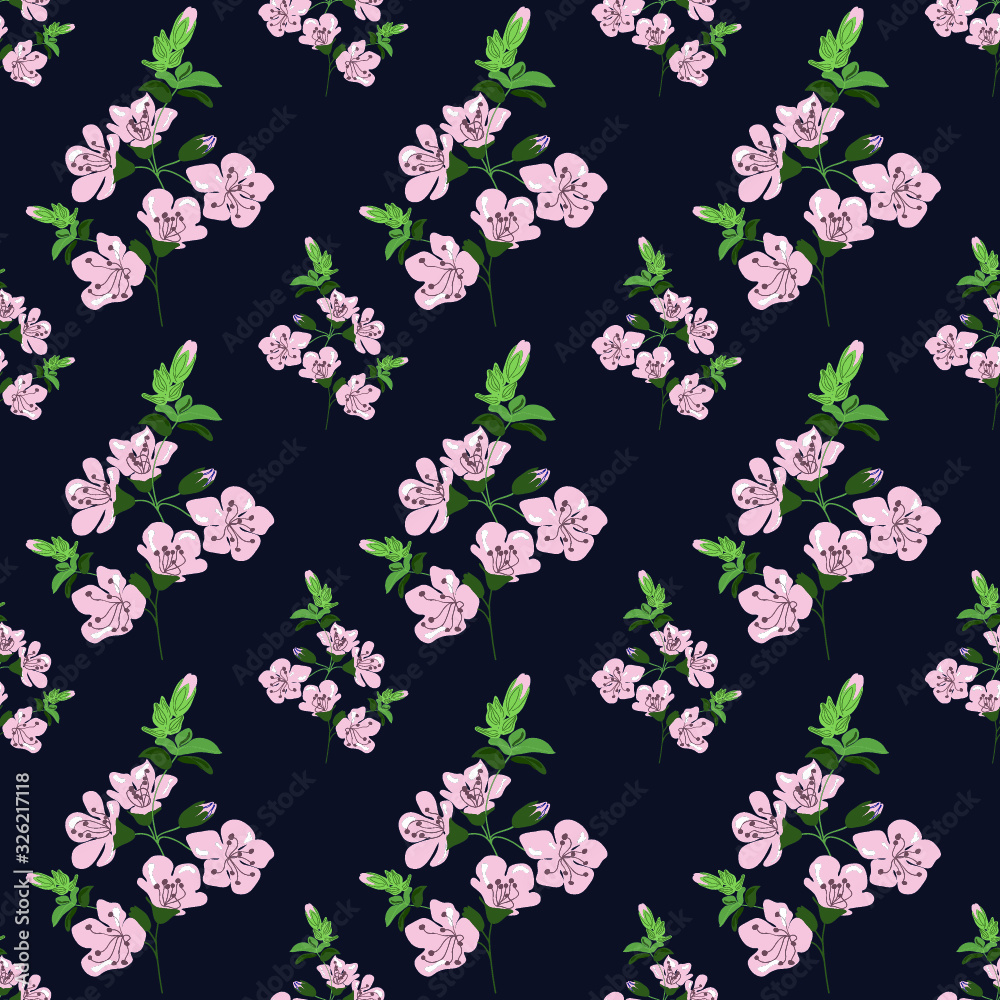 Romantic blossom floral seamless pattern. Blooming botanical plants. Ornate vector texture. Good for fashion prints. Hand drawing small pink flowers and buds on blue background