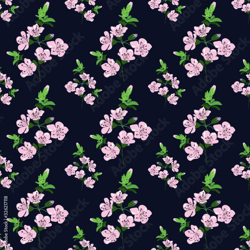 Romantic blossom floral seamless pattern. Blooming botanical plants. Ornate vector texture. Good for fashion prints. Hand drawing small pink flowers and buds on blue background