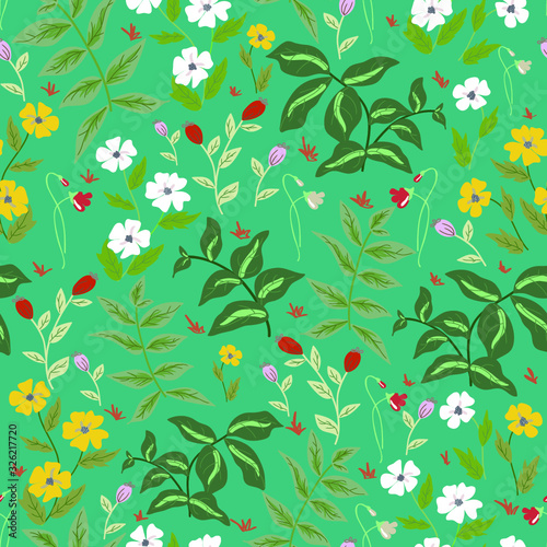 Romantic blossom floral seamless pattern. Blooming botanical plants scattered random. Colorful vector texture. Good for fashion prints. Hand drawing small flowers, leaves, branches on blue background