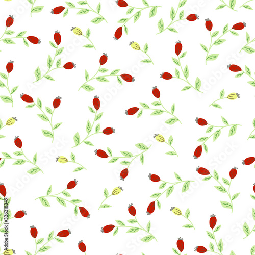 Floral seamless pattern. Doodle abstract bud flowers scattered random. Trendy color vector texture. Good for fashion prints, fabric, design. Hand drawn red pastel floral branches on white background