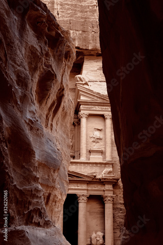 Al Khazneh (The Treasury) at Petra. the most popular attraction of Jordan. view of Treasury from As Siq gorge