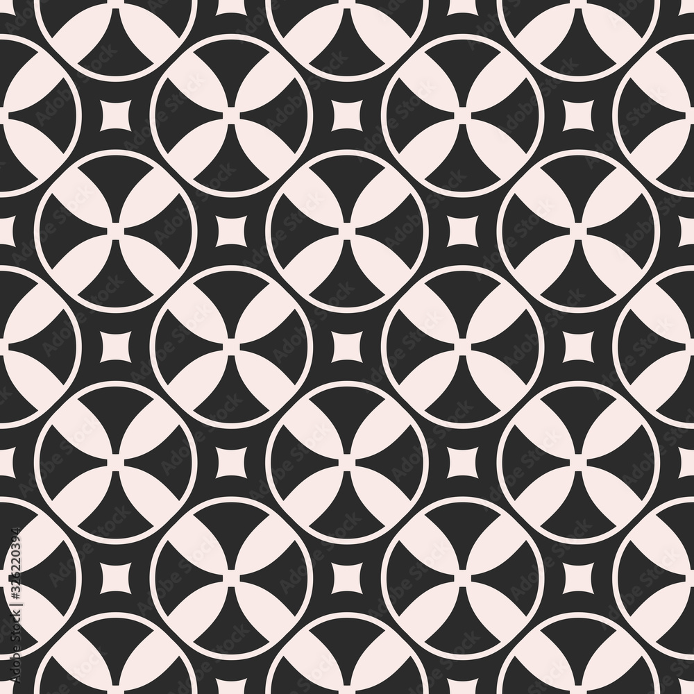 Vector seamless pattern, monochrome mosaic texture with simple geometric shapes, rings, circles, rounded squares. Illustration of propellers, vanes. Abstract dark repeat background, symmetric forms