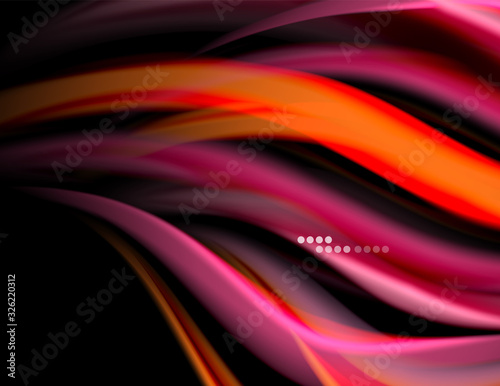 Silk smooth lines on black, liquid fluid color waves. Vector Illustration