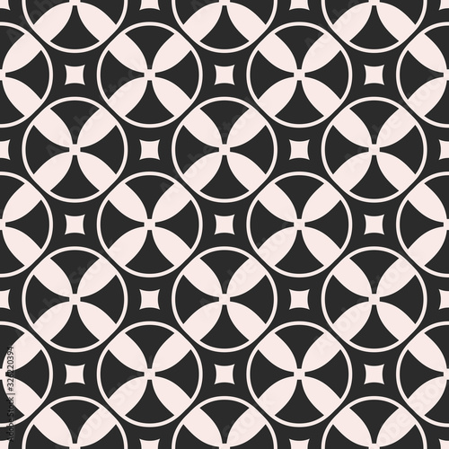 Vector seamless pattern, monochrome mosaic texture with simple geometric shapes, rings, circles, rounded squares. Illustration of propellers, vanes. Abstract dark repeat background, symmetric forms