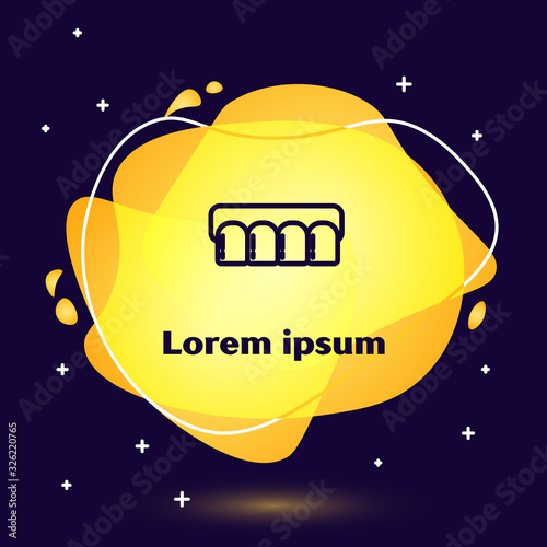 Black line Dentures model icon isolated on blue background. Teeth of the upper jaw. Dental concept. Abstract banner with liquid shapes. Vector Illustration