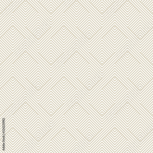 Vector geometric seamless pattern. Modern minimalist texture with thin lines, stripes, chevron, zig zag. Simple abstract geometry graphic design. Subtle white and beige background. Trendy design