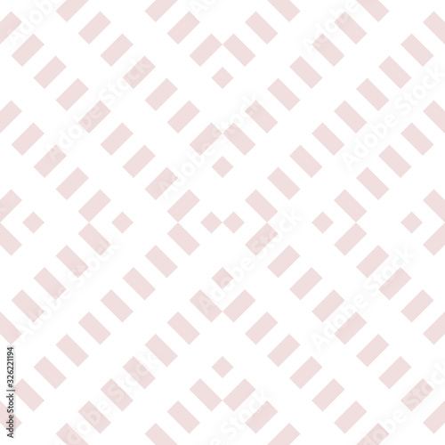 Subtle vector geometric seamless pattern. Abstract light pink graphic background with diagonal lines, squares, rhombuses, grid, net, grill. Wicker texture. Ethnic folk style ornament. Repeating design