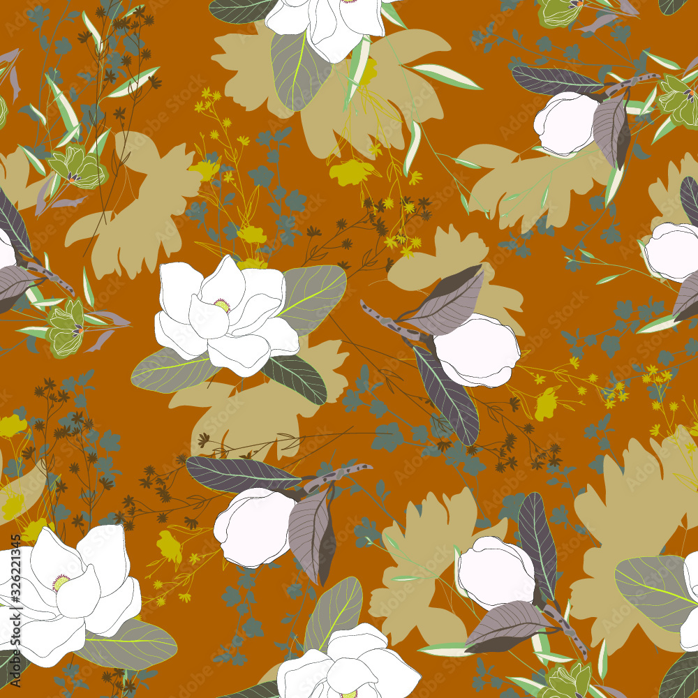 Blossom floral seamless pattern with magnolias. Blooming botanical motifs scattered random. Colorful vector texture. Good for fashion prints. Hand drawn white flowers and buds with leaves on orange
