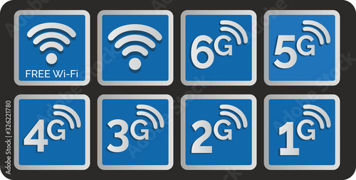 Vector illustration. Set with Free Wifi Blue 6G, 5G, 4G, 3G, 2G and 1 G, symbols with threedimensional effect. Eps10