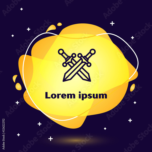 Black line Crossed medieval sword icon isolated on blue background. Abstract banner with liquid shapes. Vector Illustration