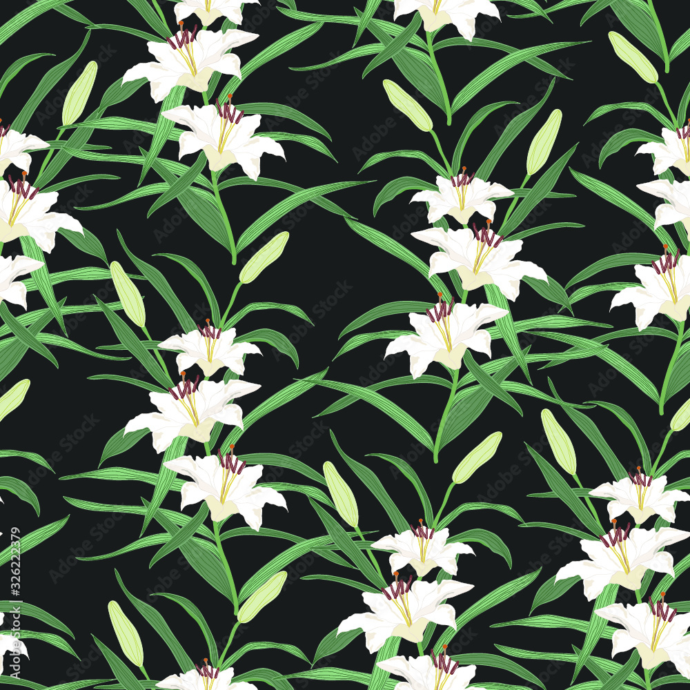Blossom floral seamless pattern. Lily flowers with buds on branches. Trendy abstract color vector texture. Good for fashion prints, fabric, design. Hand drawn white flowers on black background