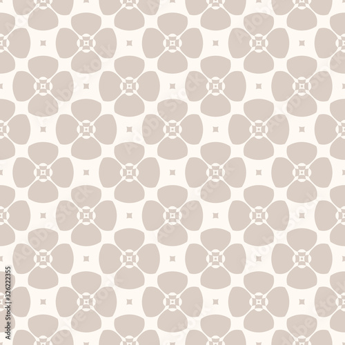 Simple geometric floral pattern. Vector seamless texture with flower shapes. Subtle abstract minimal background in beige color palette. Delicate repeat design for decor, textile, wallpapers, linens