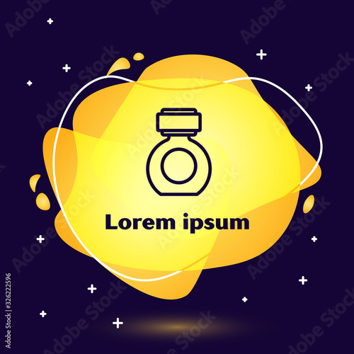 Black line Aftershave icon isolated on blue background. Cologne spray icon. Male perfume bottle. Abstract banner with liquid shapes. Vector Illustration