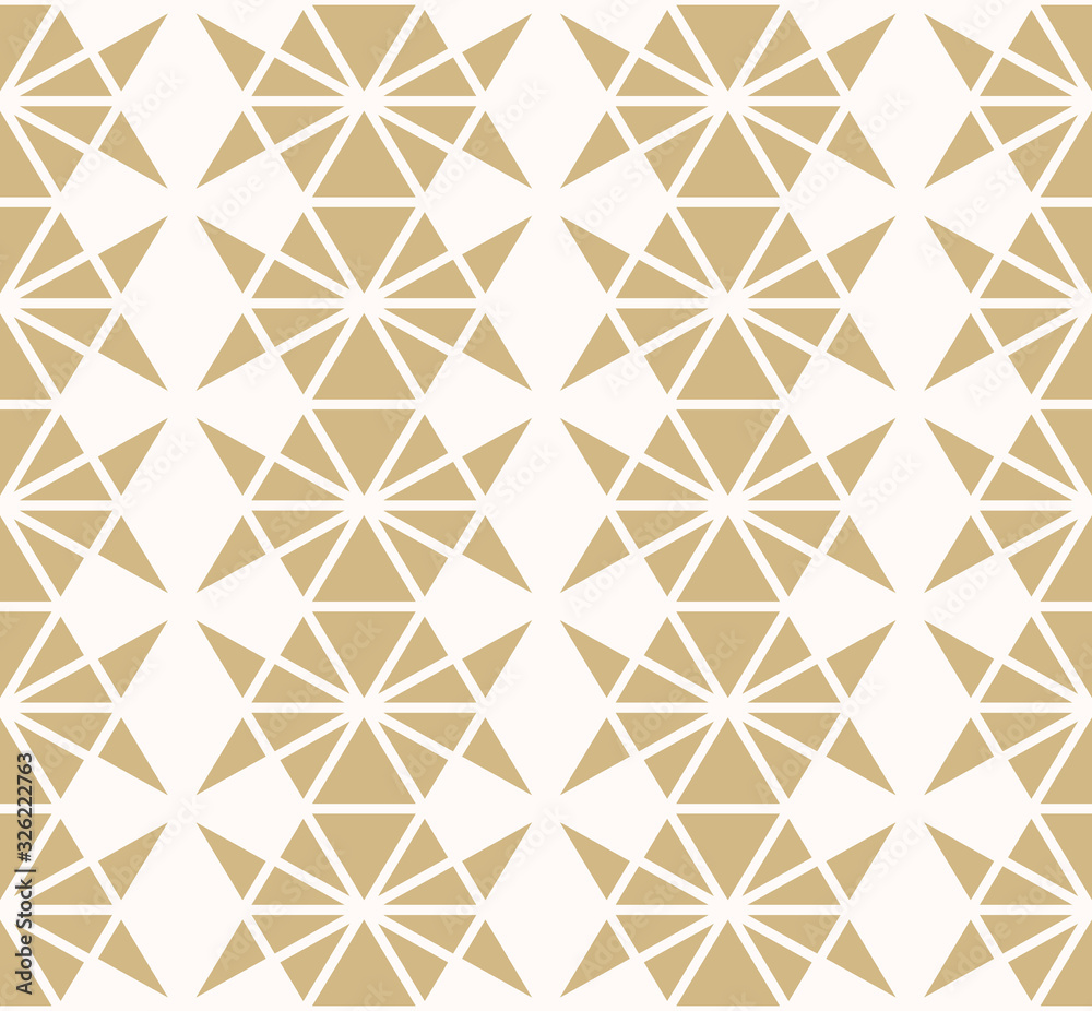 Golden vector geometric pattern with small triangles, hexagon grid, ornament. Elegant gold and white abstract minimalist texture. Simple minimal ornamental background. Luxury repeat decorative design Golden vector geometric pattern with small triangles, hexagon grid, ornament. Elegant gold and white abstract minimalist texture. Simple minimal ornamental background. Luxury repeat decorative design