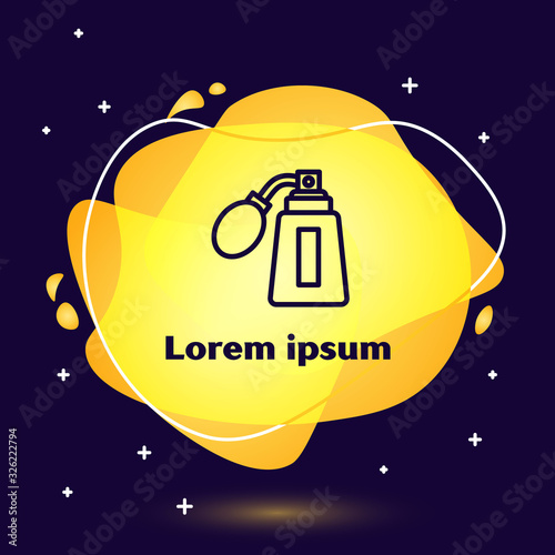 Black line Aftershave bottle with atomizer icon isolated on blue background. Cologne spray icon. Male perfume bottle. Abstract banner with liquid shapes. Vector Illustration