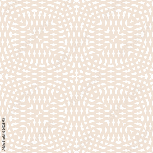 Abstract geometric seamless pattern. Wicker texture. Simple vector background with small shapes, crossing lines, rhombuses, grid, net, mesh, lattice. Light beige and white color. Subtle minimal design