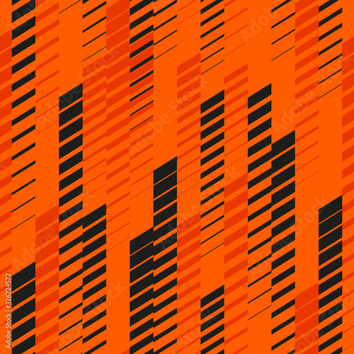 Sport pattern. Vector abstract geometric seamless background with vertical fading lines, tracks, halftone stripes. Extreme sportive style texture, urban art. Trendy design, neon colors, orange, black