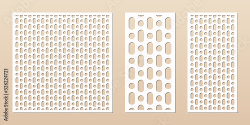 Decorative panel for laser cutting. Vector cutout silhouette with abstract geometric pattern, smooth shapes, circles. Laser cut stencil for wood, metal, paper card, engraving. Aspect ratio 1:2, 1:1