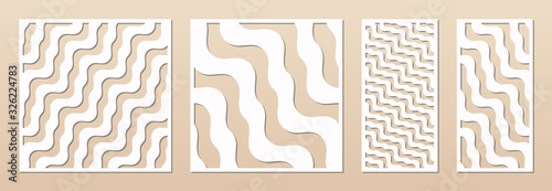 Laser cutting decorative panel set. Vector template with abstract geometric pattern, wavy lines, stripes. Laser cut stencil for wood, metal, engraving, fretwork, carving, paper. Aspect ratio 1:1, 1:2