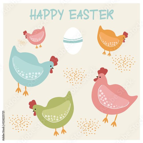 Cute flat illustration with colorfull chickens for Easter