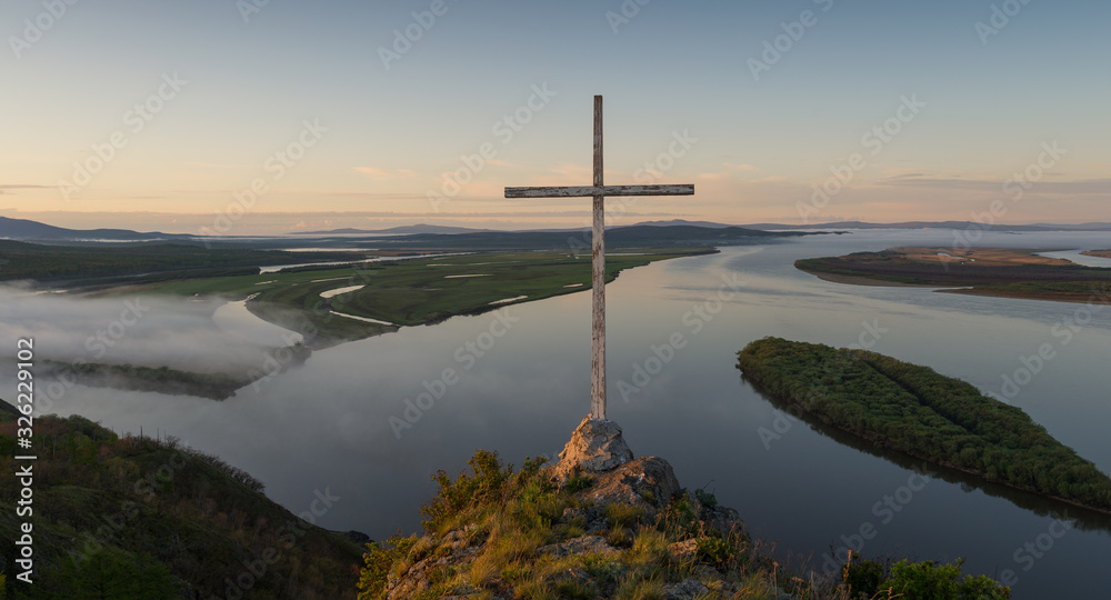 Cliff Aury on the Amur River. Khabarovsk region of the Russian Far East. View on the River Amur with Cliff Aury. Cliff Aury on the Amur River. Khabarovsk region of the Russian Far East. View on the River Amur with Cliff Aury.