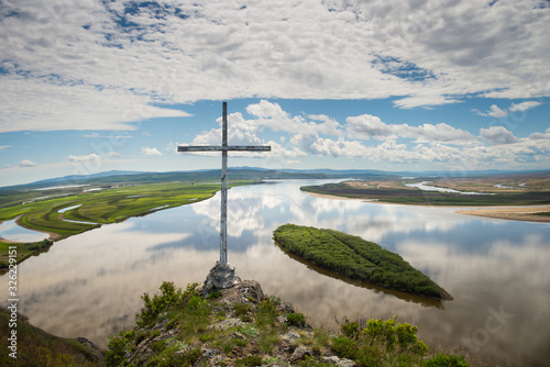 Cliff Aury on the Amur River. Khabarovsk region of the Russian Far East. View on the River Amur with Cliff Aury.