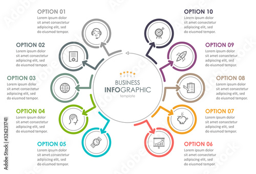 Vector Infographic design with icons and 10 options or steps. Infographics for business concept. Can be used for presentations banner, workflow layout, process diagram, flow chart, info graph photo