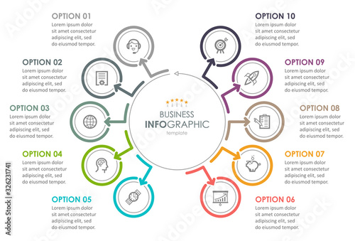 Vector Infographic design with icons and 10 options or steps. Infographics for business concept. Can be used for presentations banner, workflow layout, process diagram, flow chart, info graph